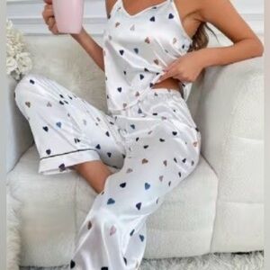 NWOT Boutique Satin Feel Pajamas Pant Set White With Hearts Print design. Size L